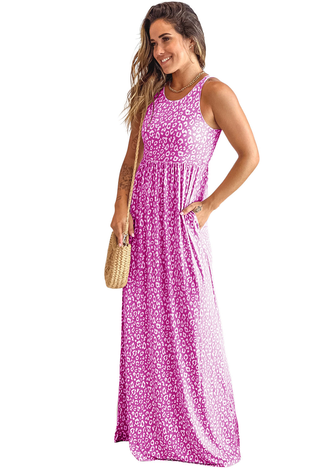 Udressshop Women's Leopard Print Pocketed Sleeveless Maxi Dress