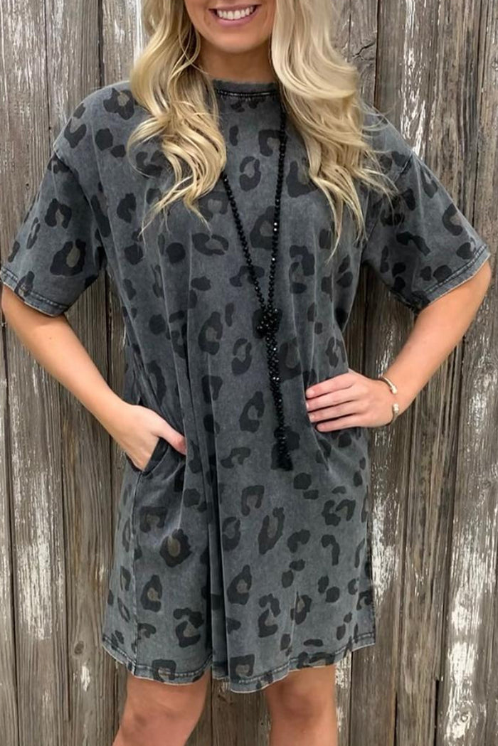 Udressshop Women's Vintage Washed Leopard T-Shirt Dress with Pockets