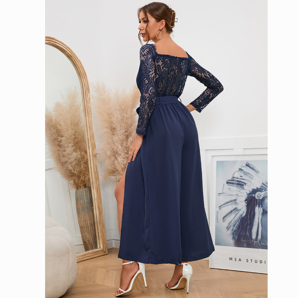 Women's Sexy Lace Long Sleeve Off Shoulder Swing Jumpsuit Midi Dress With Belt