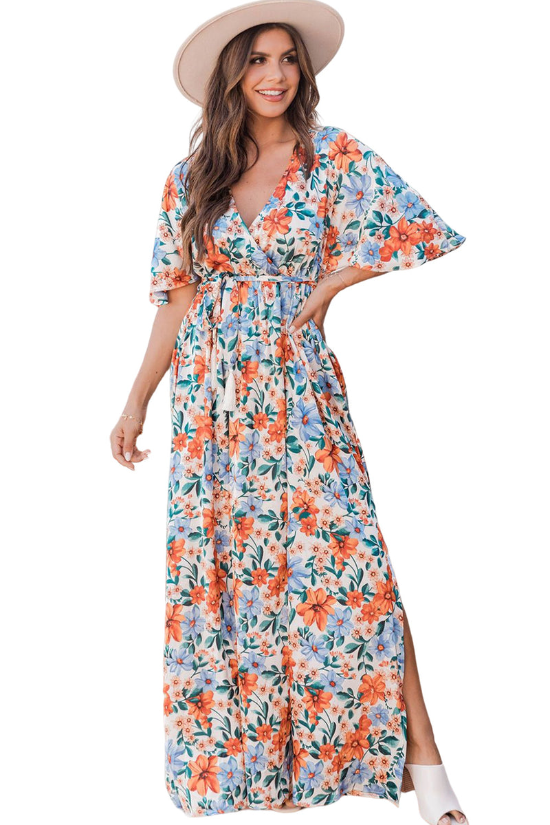 Udressshop Women's Floral Print Wrap Belted Maxi Dress