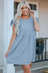 Udressshop Women's Flutter Sleeve Ruched Denim Casual Dress