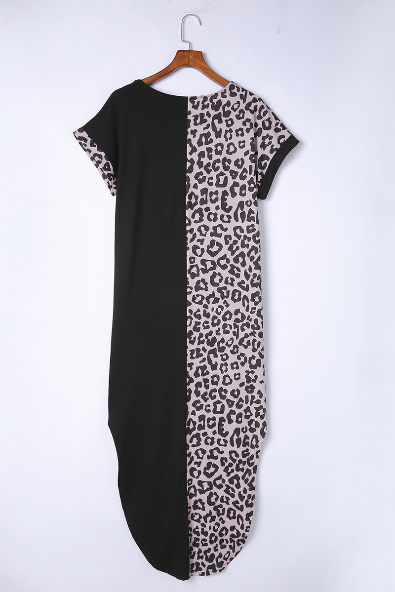 Udressshop Women's Contrast Solid Leopard Short Sleeve T-shirt Dress with Slits