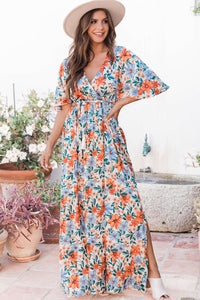 Udressshop Women's Floral Print Wrap Belted Maxi Dress