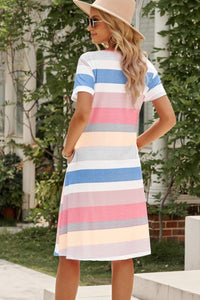 Udressshop Women's Multicolor Striped Pocket T Shirt Dress