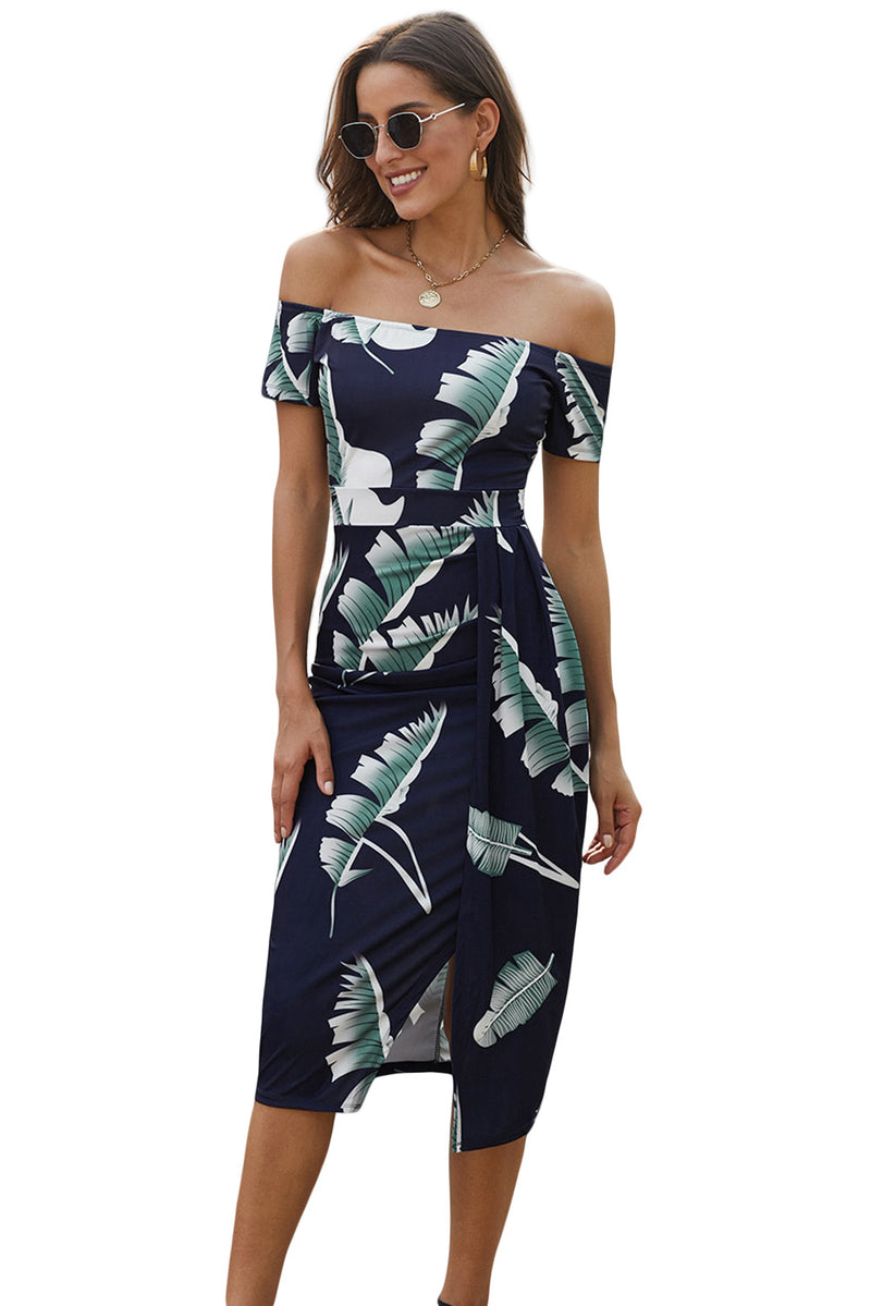 Udressshop Women's Dark Blue Floral Print Off Shoulder Slit Bodycon Midi Dress