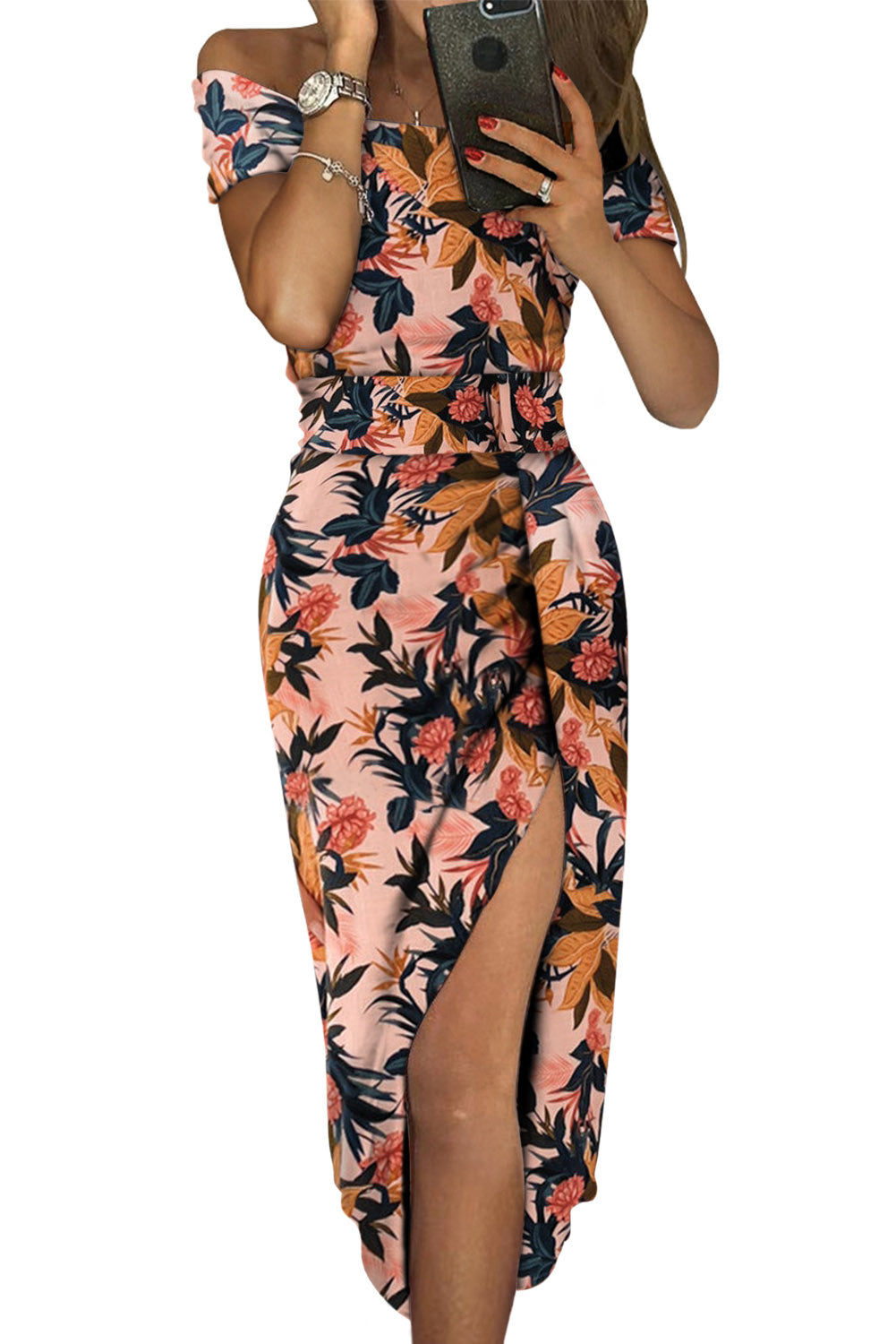 Udressshop Women's Dark Blue Floral Print Off Shoulder Slit Bodycon Midi Dress