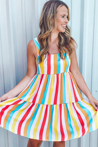 Udressshop Women's Rainbow Stripe Print Tiered Sundress