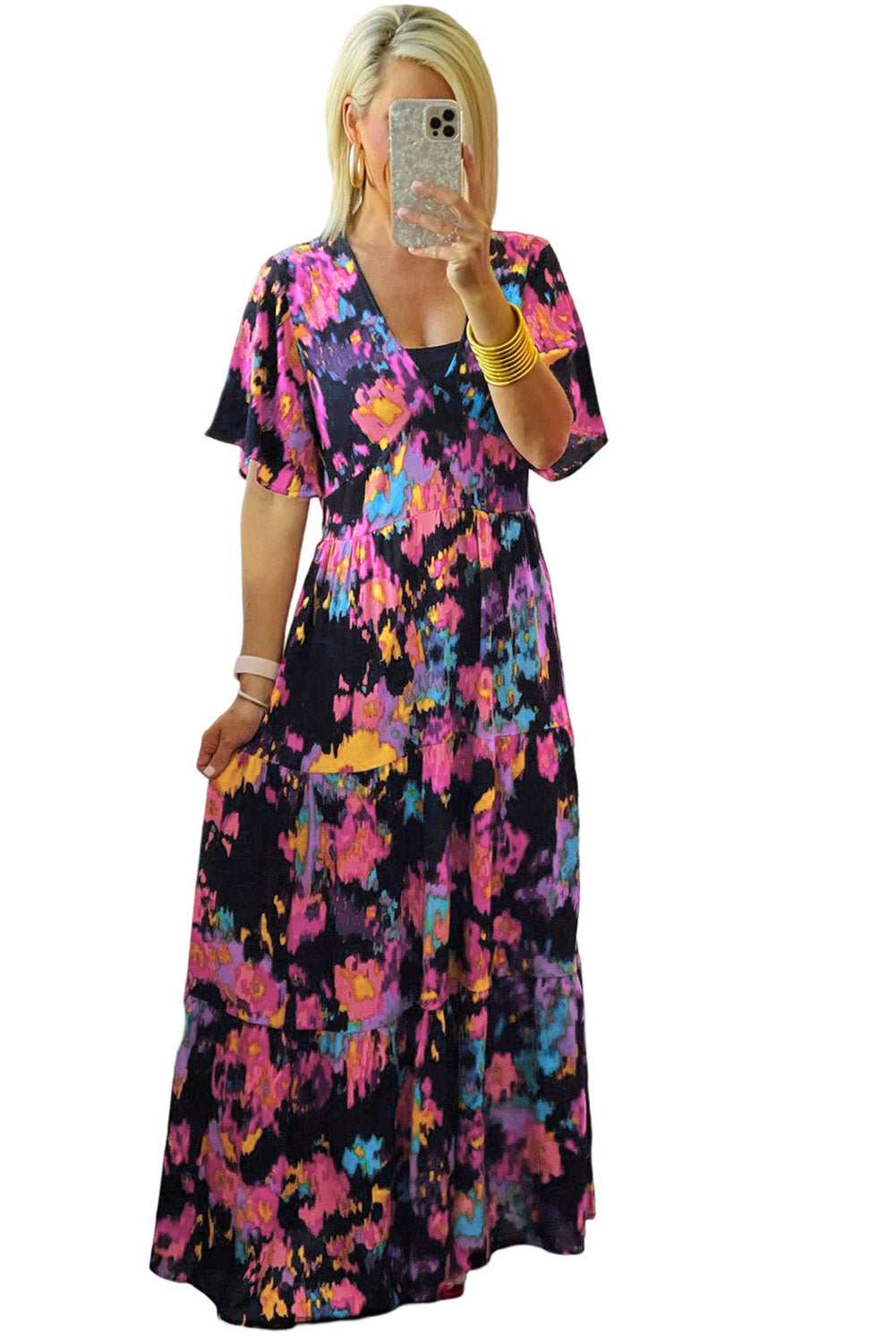 Udressshop Women's Abstract Floral Pattern Flutter Sleeve Tiered Maxi Dress