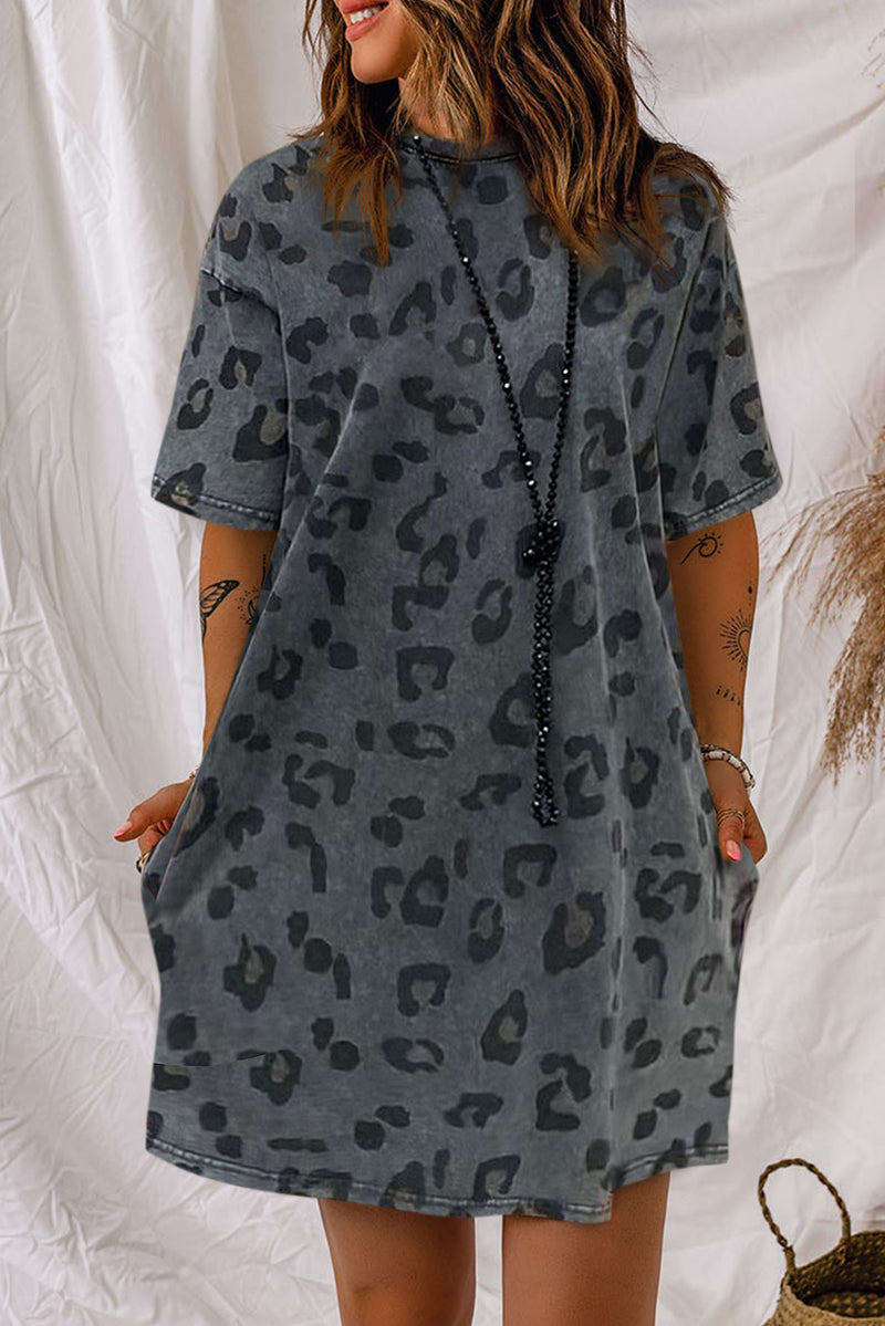 Udressshop Women's Vintage Washed Leopard T-Shirt Dress with Pockets