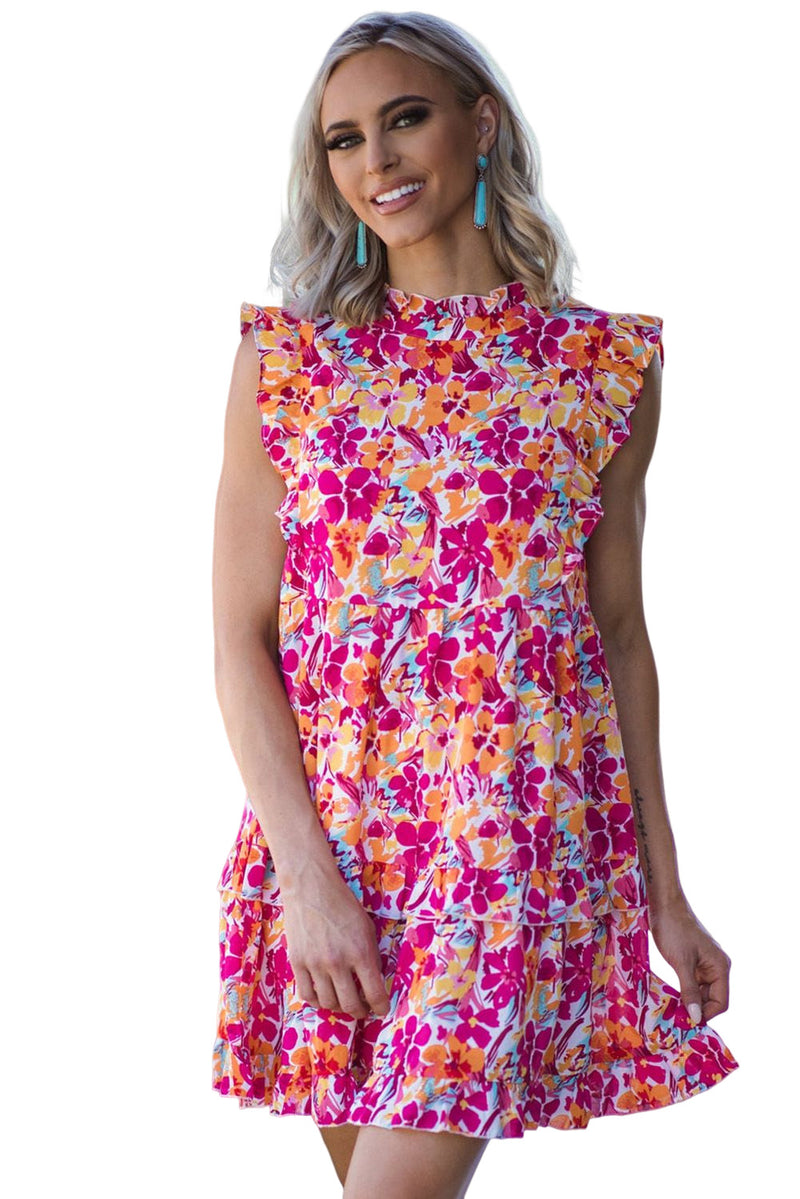 Udressshop Women's Ruffle Trim Tiered Sleeveless Floral Mini Dress