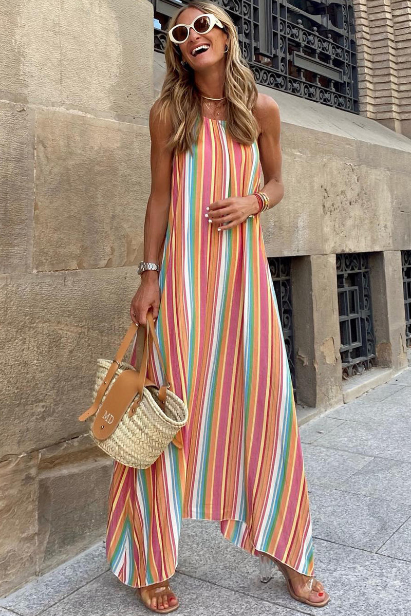 Udressshop Women's Bohemian Striped Print Sleeveless Holiday Maxi Dress