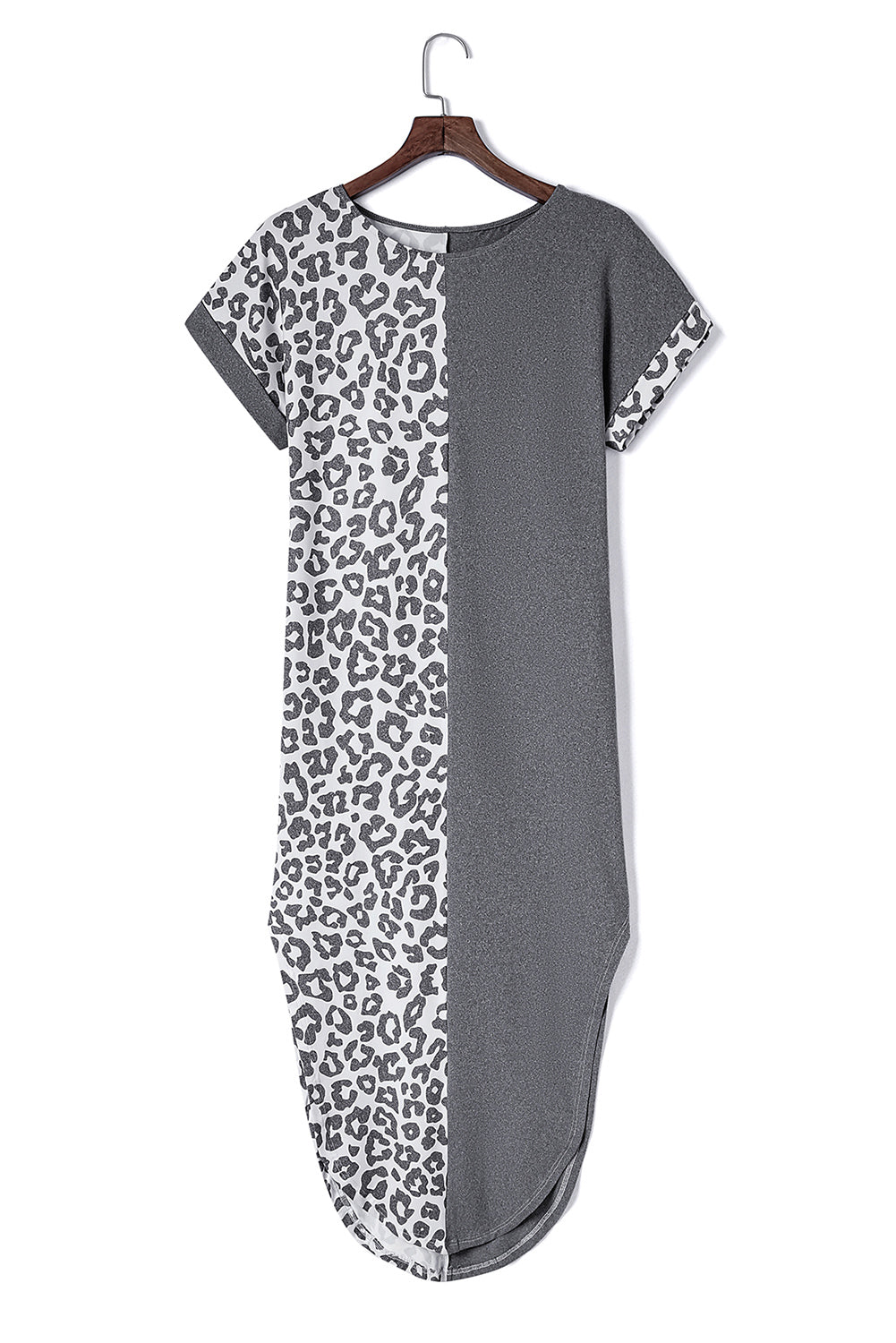 Udressshop Women's Contrast Solid Leopard Short Sleeve T-shirt Dress with Slits