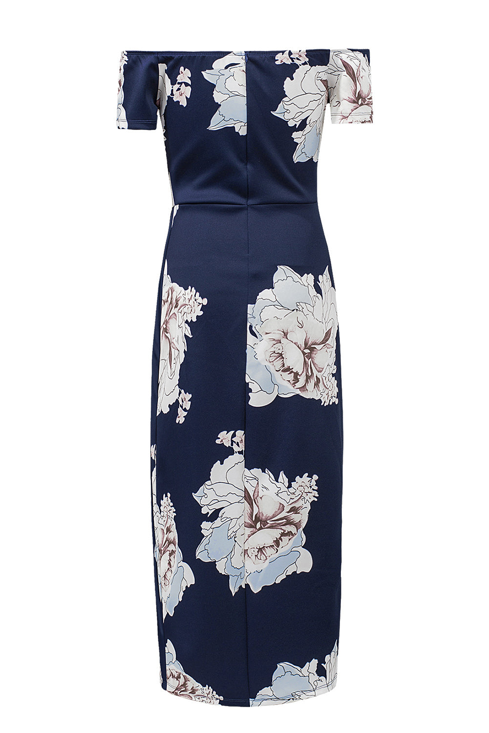 Udressshop Women's Dark Blue Floral Print Off Shoulder Slit Bodycon Midi Dress