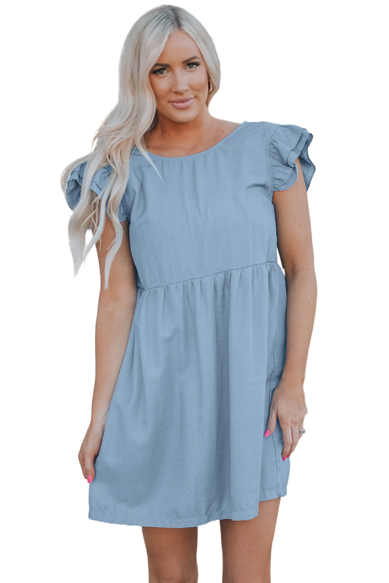 Udressshop Women's Flutter Sleeve Ruched Denim Casual Dress