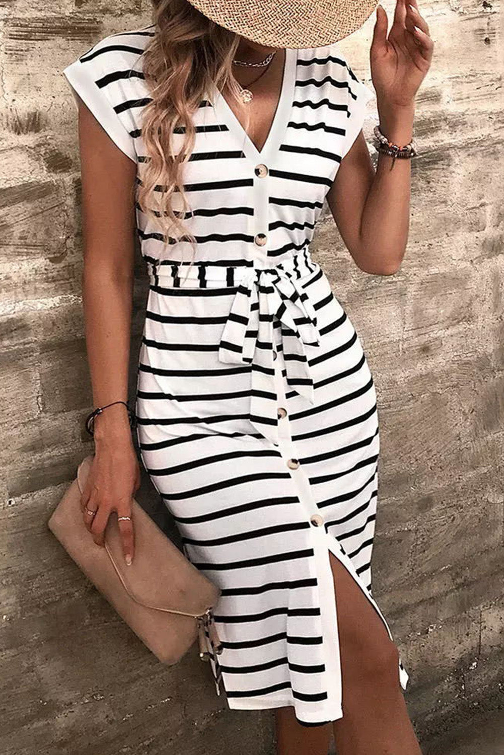 Women's Striped Button Slit Tie V-Neck Short Sleeve Midi Dress with Waist Tie