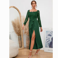 Women's Sexy Lace Long Sleeve Off Shoulder Swing Jumpsuit Midi Dress With Belt