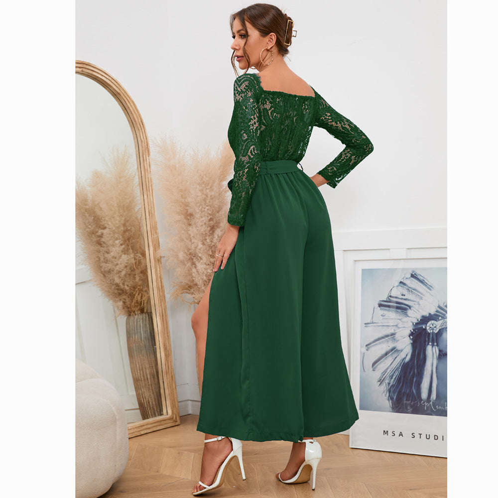 Women's Sexy Lace Long Sleeve Off Shoulder Swing Jumpsuit Midi Dress With Belt