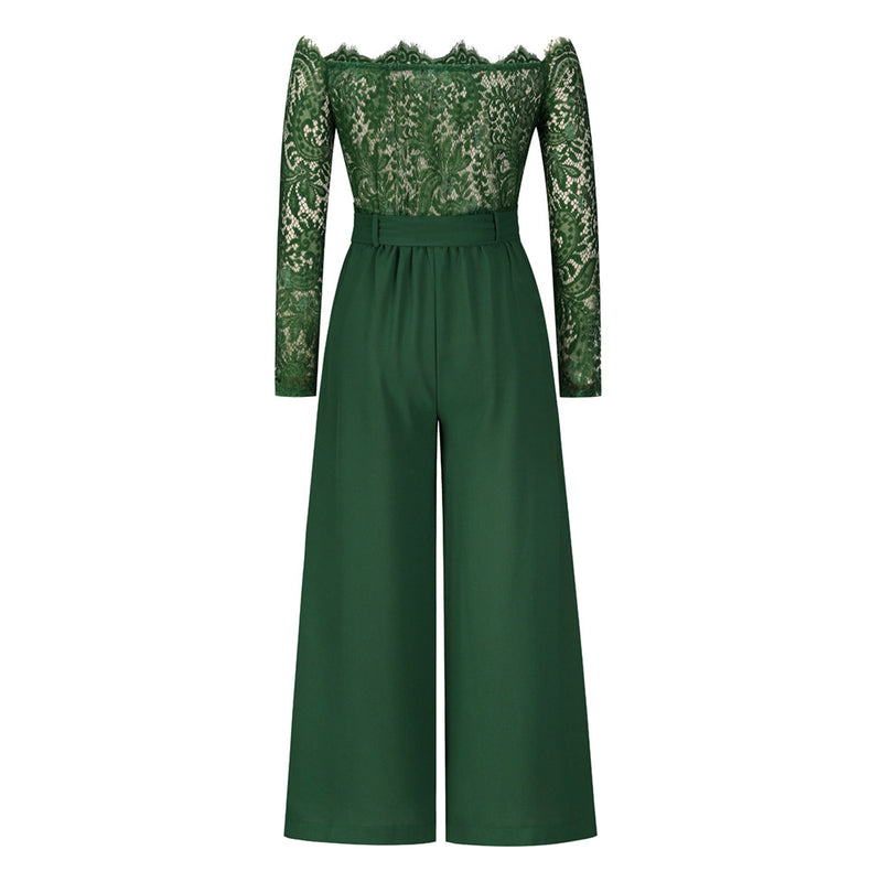 Women's Sexy Lace Long Sleeve Off Shoulder Swing Jumpsuit Midi Dress With Belt