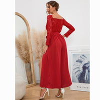 Women's Sexy Lace Long Sleeve Off Shoulder Swing Jumpsuit Midi Dress With Belt