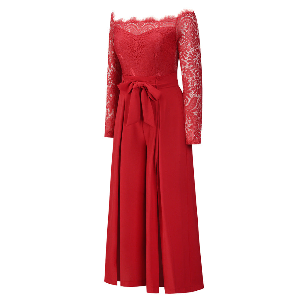 Women's Sexy Lace Long Sleeve Off Shoulder Swing Jumpsuit Midi Dress With Belt