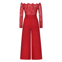 Women's Sexy Lace Long Sleeve Off Shoulder Swing Jumpsuit Midi Dress With Belt