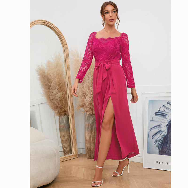 Women's Sexy Lace Long Sleeve Off Shoulder Swing Jumpsuit Midi Dress With Belt