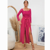 Women's Sexy Lace Long Sleeve Off Shoulder Swing Jumpsuit Midi Dress With Belt