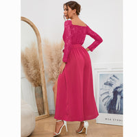 Women's Sexy Lace Long Sleeve Off Shoulder Swing Jumpsuit Midi Dress With Belt